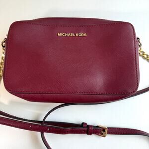 Michael Kors Womens Jet Set Leather Crossbody Goldtone Chain Dark Berry Red